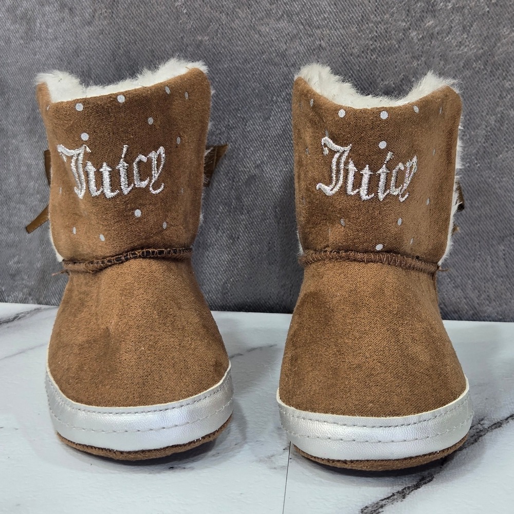 Juicy Couture Burbank Baby Boots 2M Brown Faux Suede Glitter Bow Shearling
